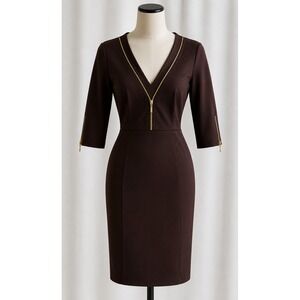 MORGAN MCFEETERS Brown V Neck 3/4 Sleeves Sheath Dress Gold Zipper Accents Sz 4